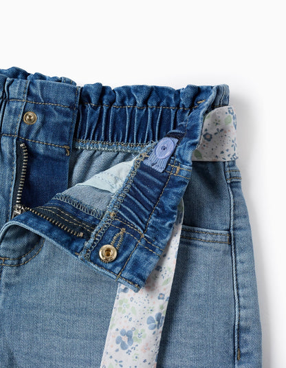 Denim Shorts with Floral Belt for Girls, Blue