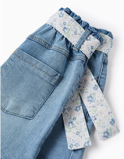 Denim Shorts with Floral Belt for Girls, Blue