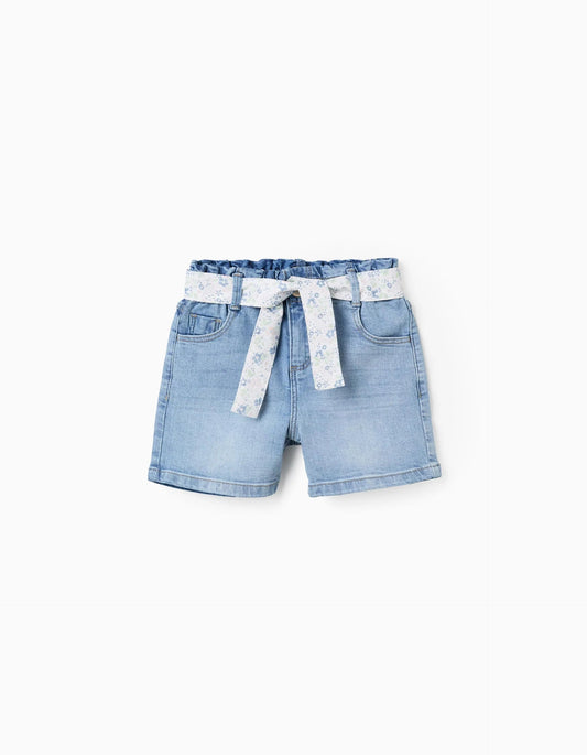 Denim Shorts with Floral Belt for Girls, Blue