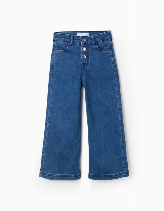 Wide Leg Denim Trousers with Silver Buttons for Girls, Blue