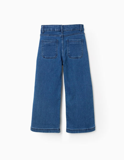 Wide Leg Denim Trousers with Silver Buttons for Girls, Blue