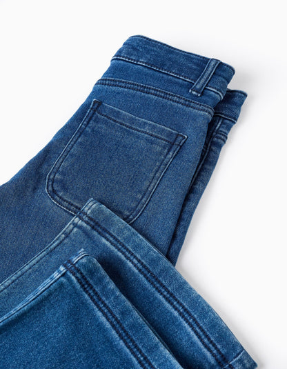 Wide Leg Denim Trousers with Silver Buttons for Girls, Blue