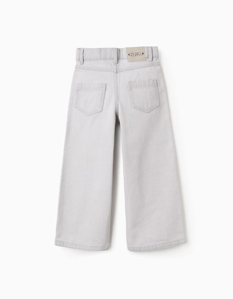 Cotton Jeans with Star and Moon Glitter Print for Girls, Grey
