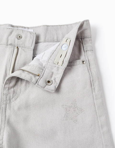 Cotton Jeans with Star and Moon Glitter Print for Girls, Grey