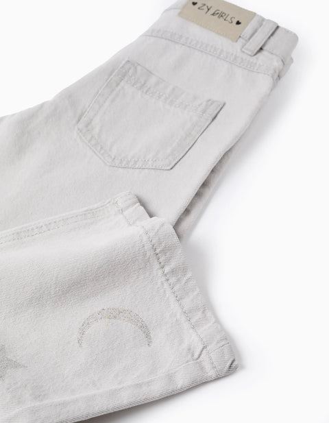 Cotton Jeans with Star and Moon Glitter Print for Girls, Grey