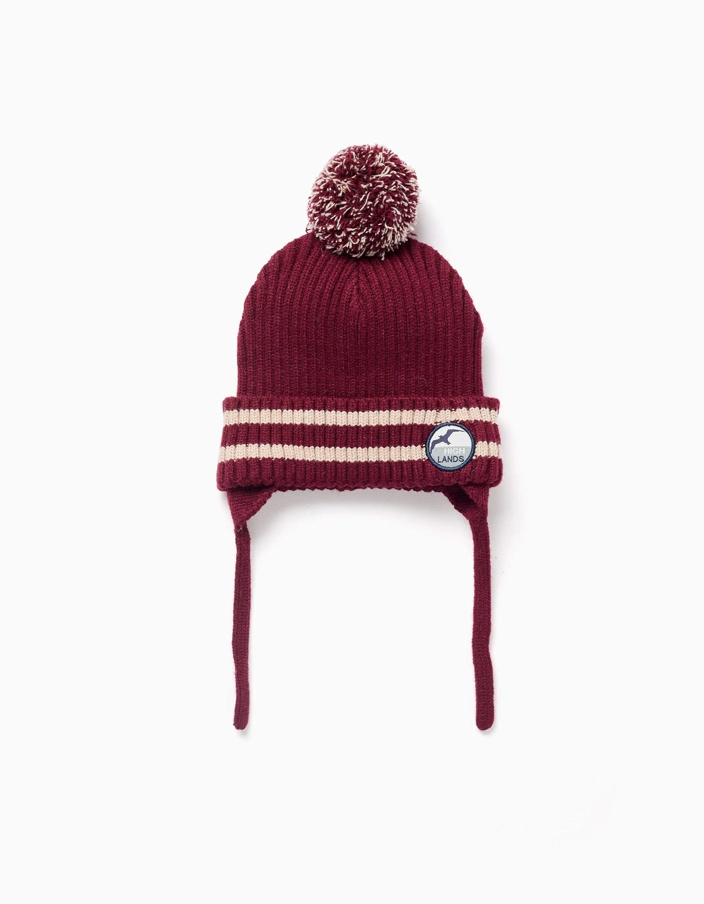 Knitted Beanie with Side Straps and Pompom for Baby Boys, Dark Red