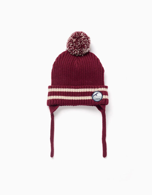 Knitted Beanie with Side Straps and Pompom for Baby Boys, Dark Red