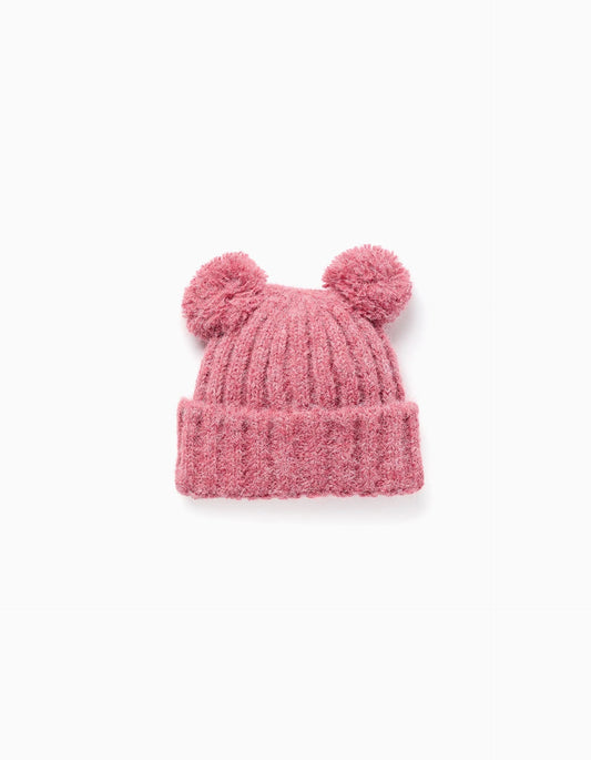 Thick Cable Knit Beanie with Pompoms for Baby Girls, Pink