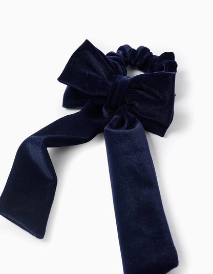 Velour Bow Scrunchie for Babies and Girls, Dark Blue