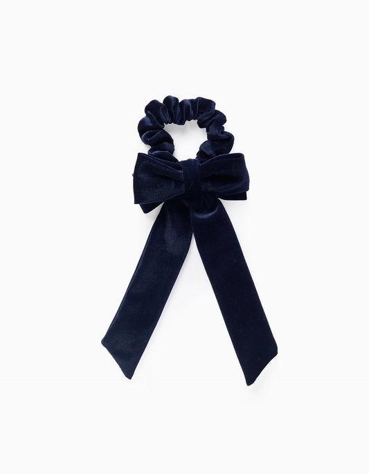 Velour Bow Scrunchie for Babies and Girls, Dark Blue