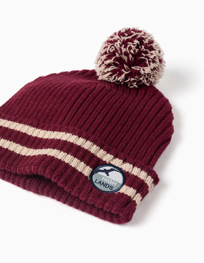 Ribbed Knit Beanie with Pompom for Boys, Dark Red