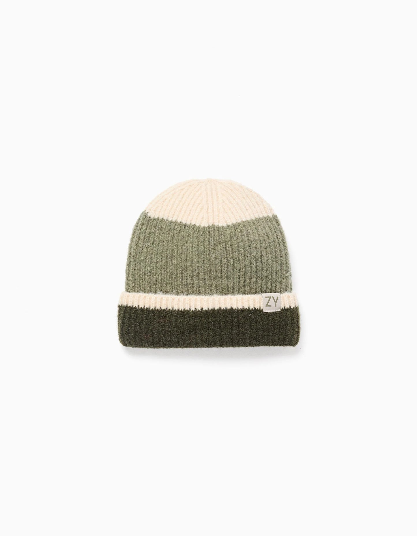 Ribbed Knit Beanie for Boys, Beige/Green