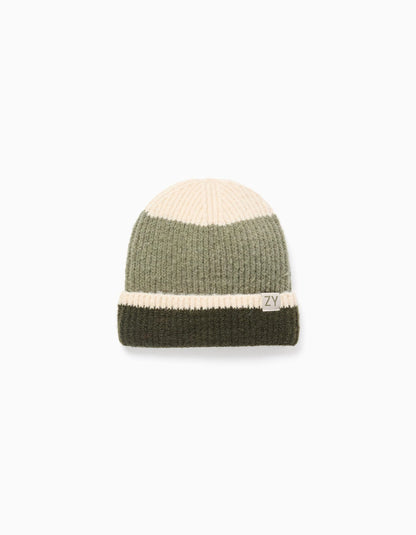 Ribbed Knit Beanie for Boys, Beige/Green