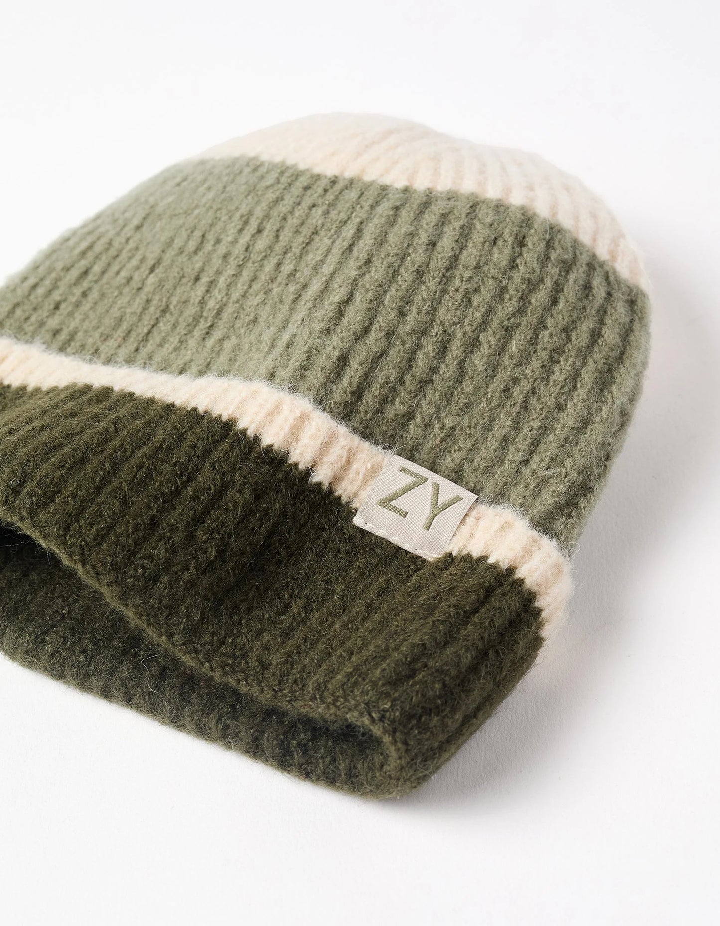Ribbed Knit Beanie for Boys, Beige/Green