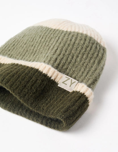 Ribbed Knit Beanie for Boys, Beige/Green