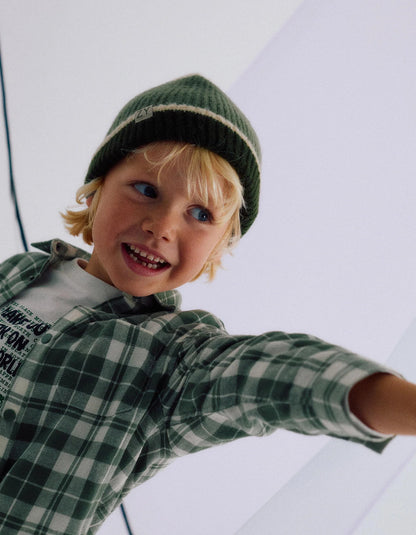 Ribbed Knit Beanie for Boys, Beige/Green