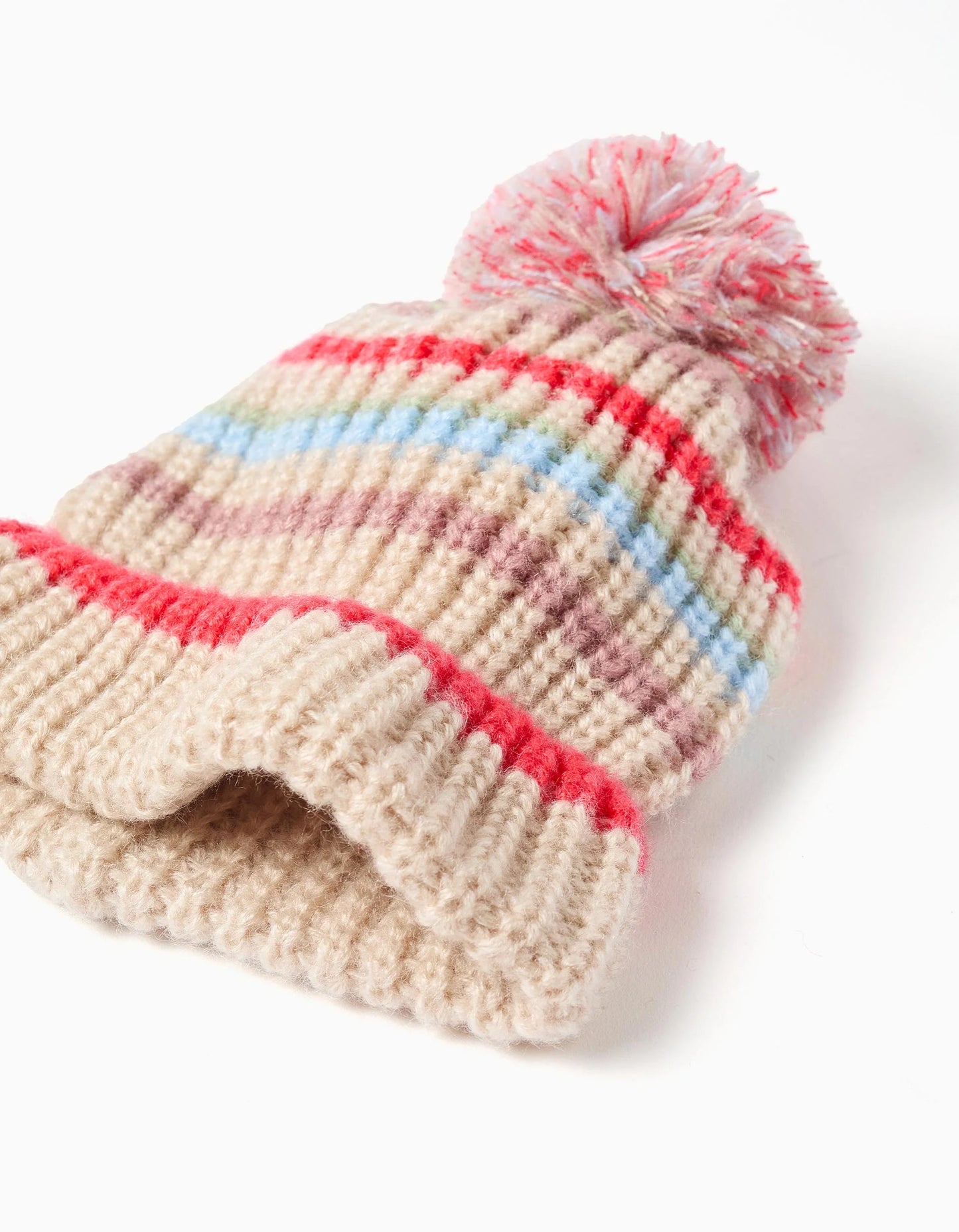 Knitted Beanie with Jacquard and Pompom for Girls, Multicolour