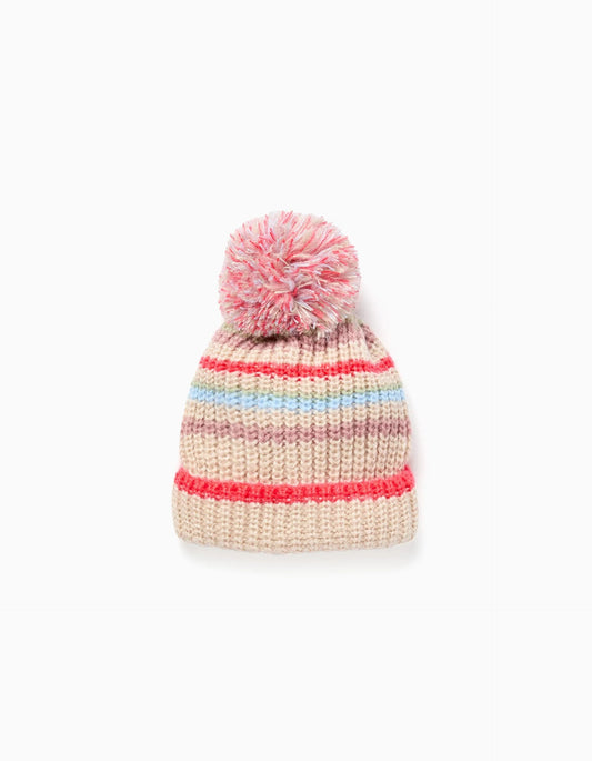 Knitted Beanie with Jacquard and Pompom for Girls, Multicolour