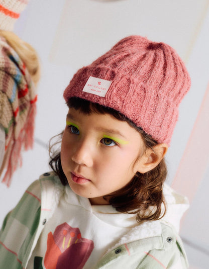 Thick Cable Knit Beanie for Girls, Dark Pink