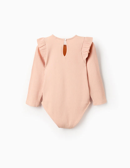 Long Sleeve Ribbed Body with Ruffles for Girls, Light Pink