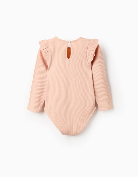Long Sleeve Ribbed Body with Ruffles for Girls, Light Pink