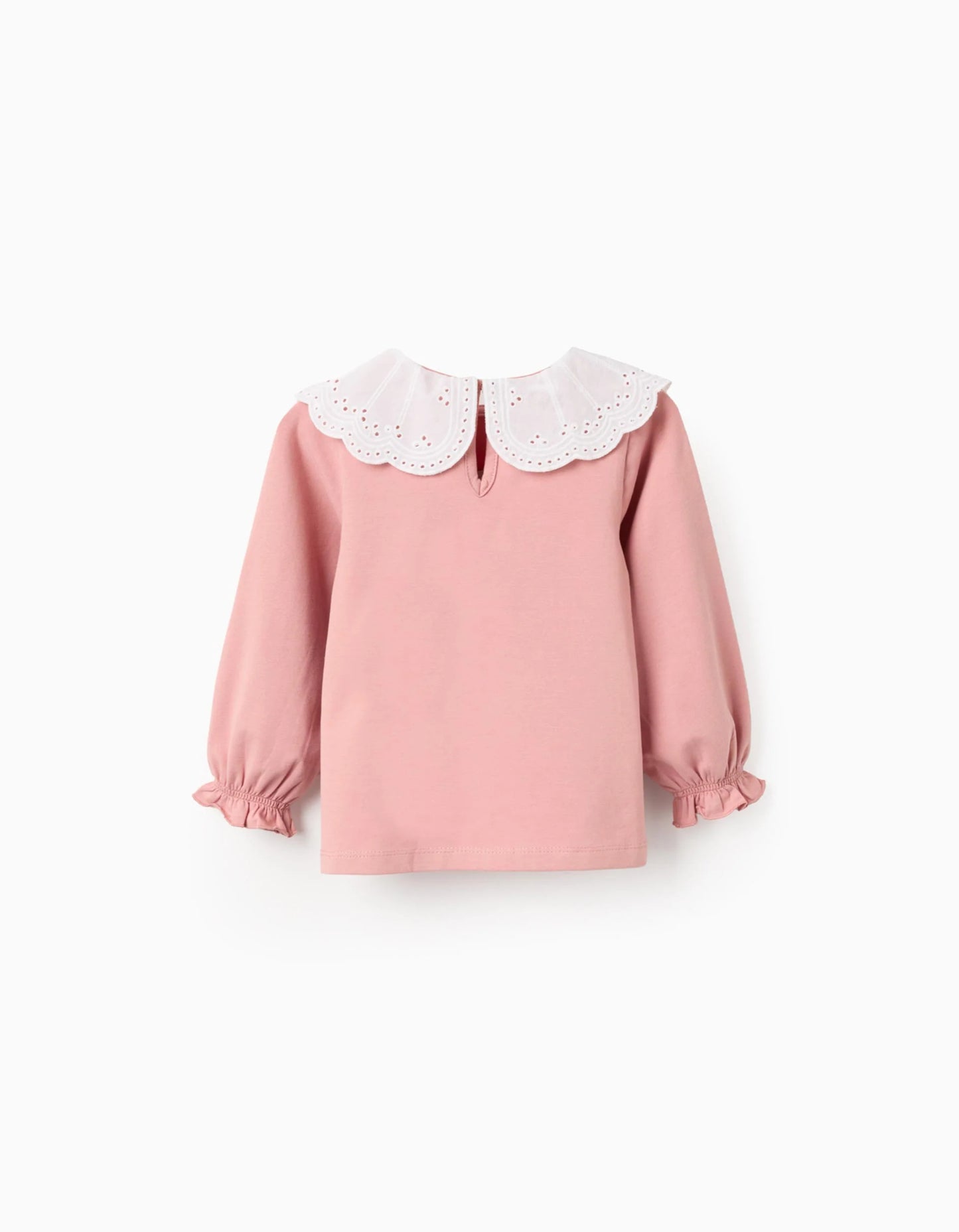 T-shirt with Broderie Anglaise Collar and Ruffles for Baby Girls, Pink