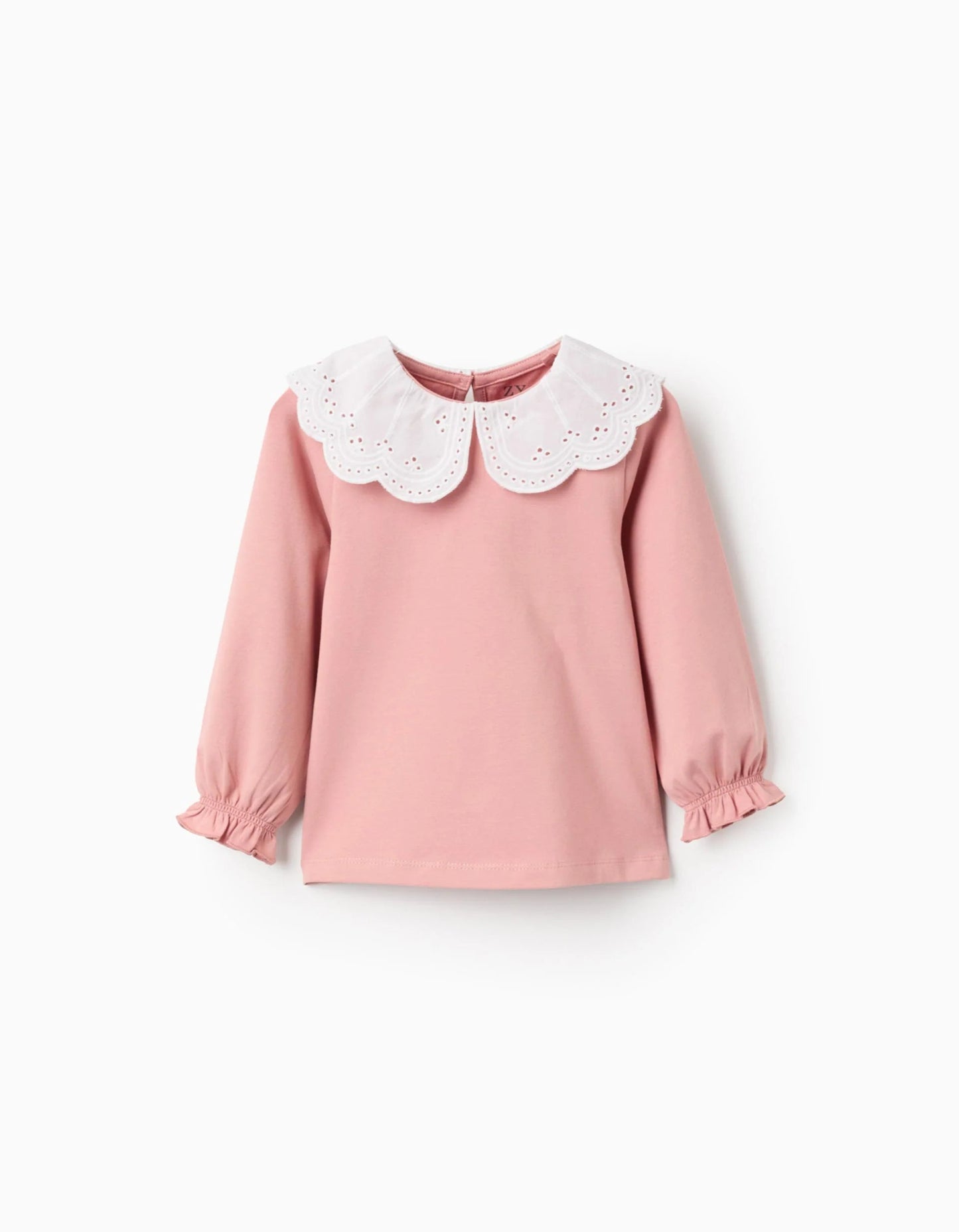 T-shirt with Broderie Anglaise Collar and Ruffles for Baby Girls, Pink