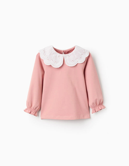 T-shirt with Broderie Anglaise Collar and Ruffles for Baby Girls, Pink