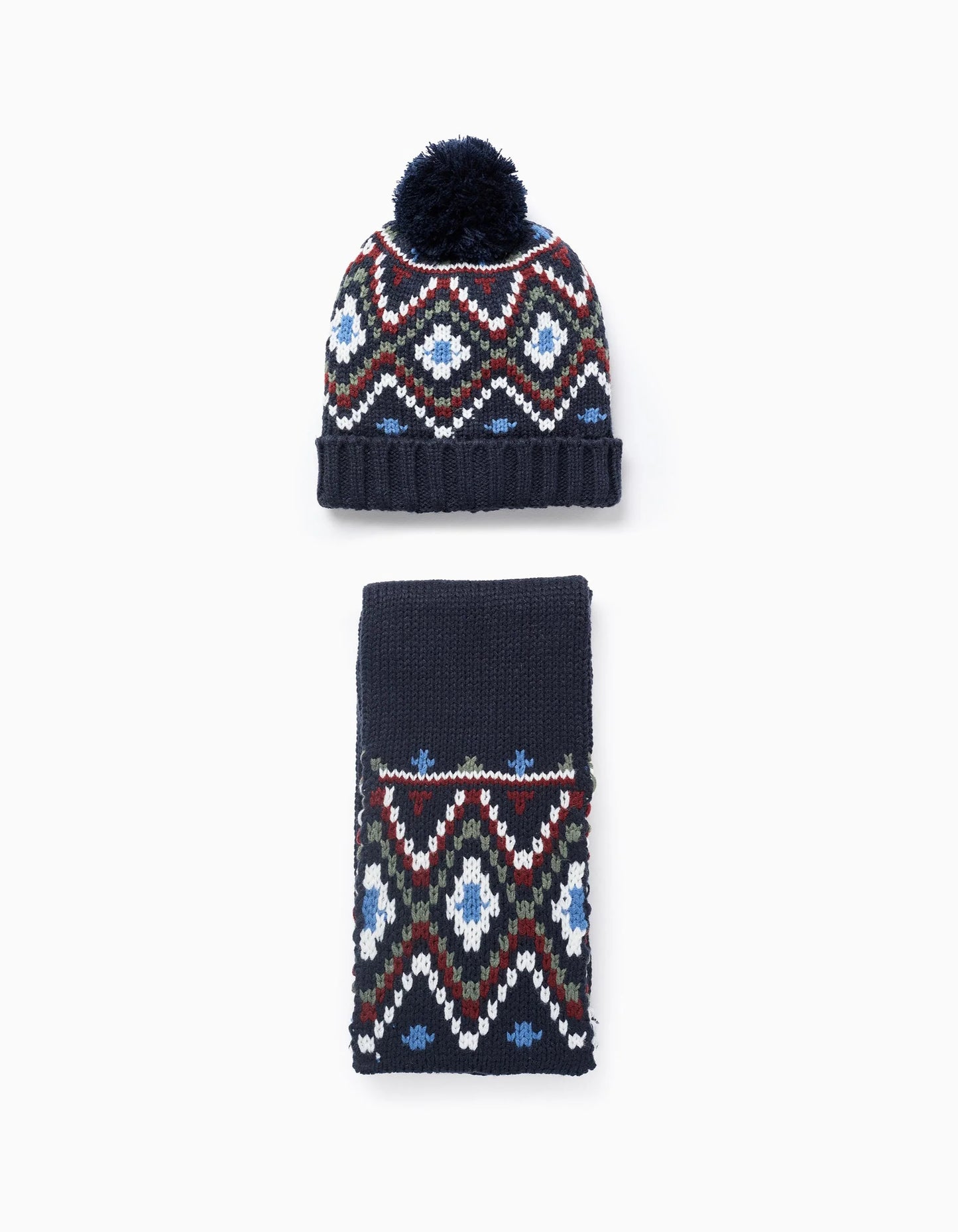 Knitted Beanie + Scarf with Jacquard Pattern for Boys, Dark Blue