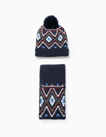 Knitted Beanie + Scarf with Jacquard Pattern for Boys, Dark Blue