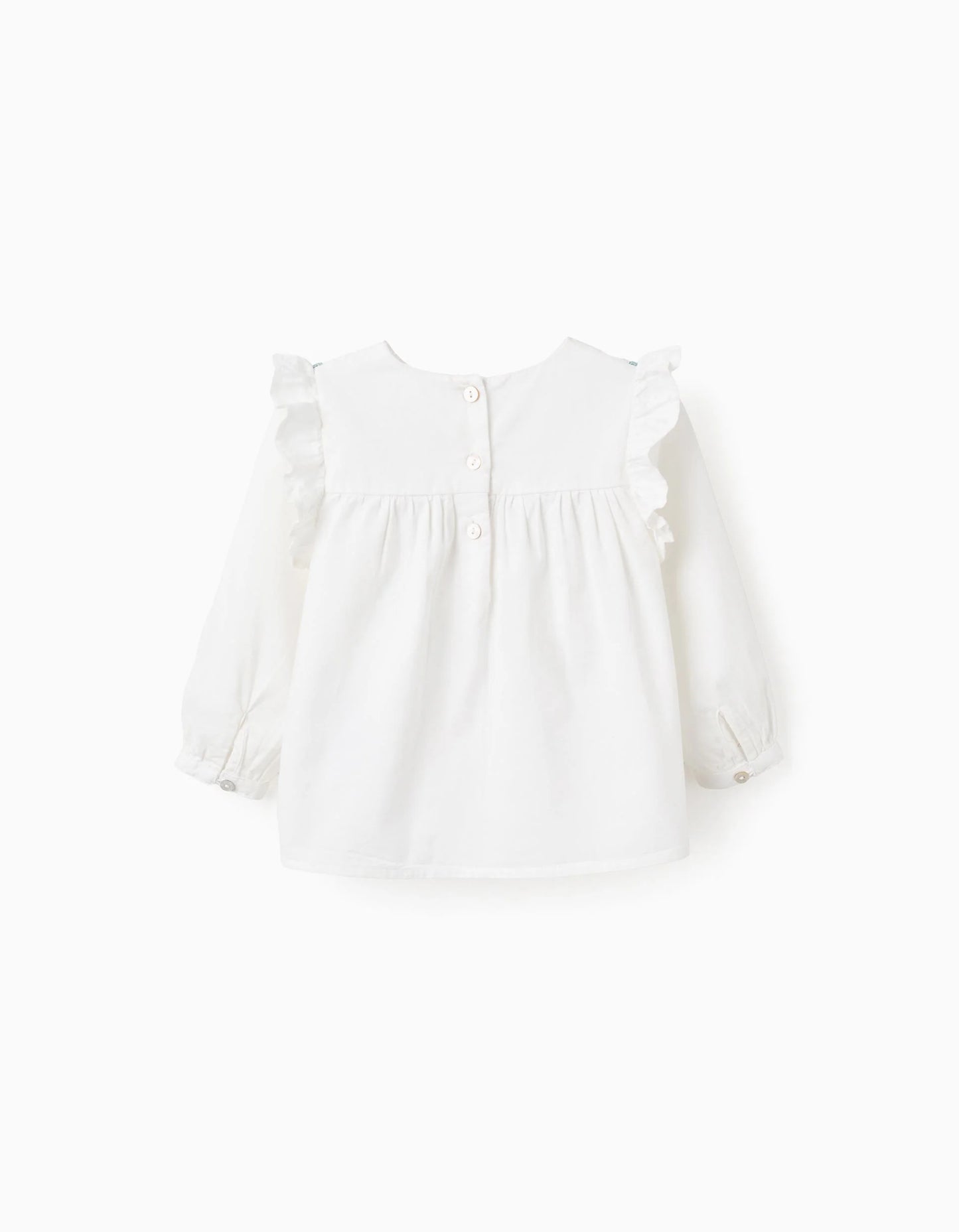 Flower Embroidered Twill Shirt for Baby Girls, White