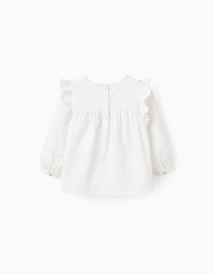 Flower Embroidered Twill Shirt for Baby Girls, White