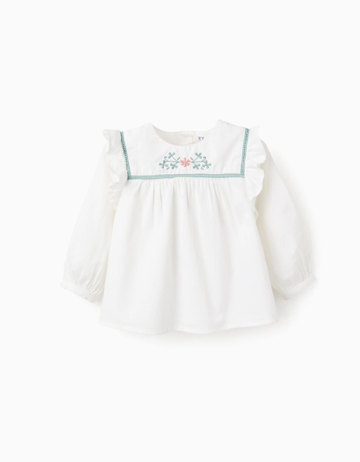 Flower Embroidered Twill Shirt for Baby Girls, White