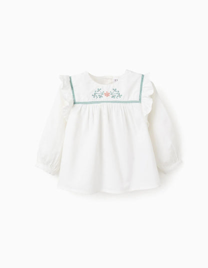 Flower Embroidered Twill Shirt for Baby Girls, White