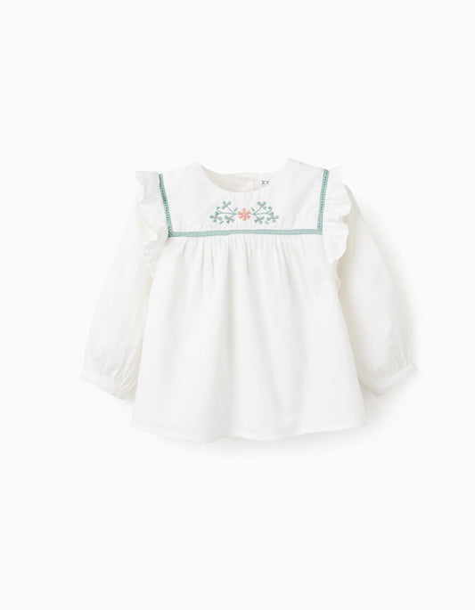 Flower Embroidered Twill Shirt for Baby Girls, White