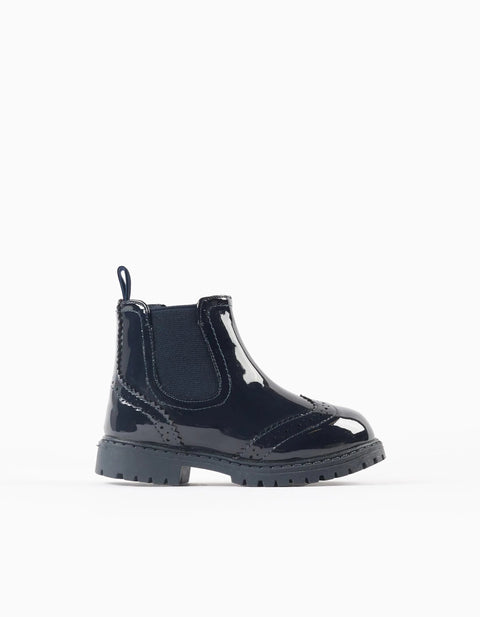 Patent Brogue Chelsea Boots for Baby Girls, Dark Blue