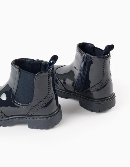 Patent Brogue Chelsea Boots for Baby Girls, Dark Blue