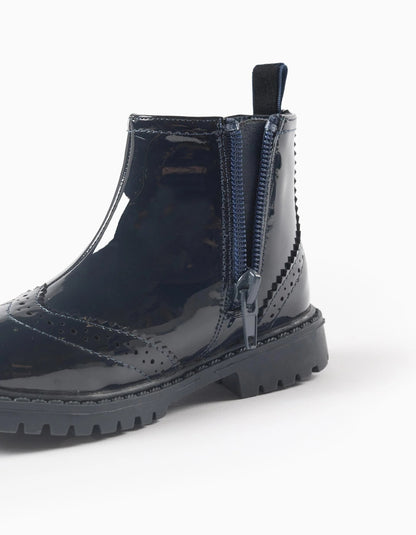 Patent Brogue Chelsea Boots for Baby Girls, Dark Blue