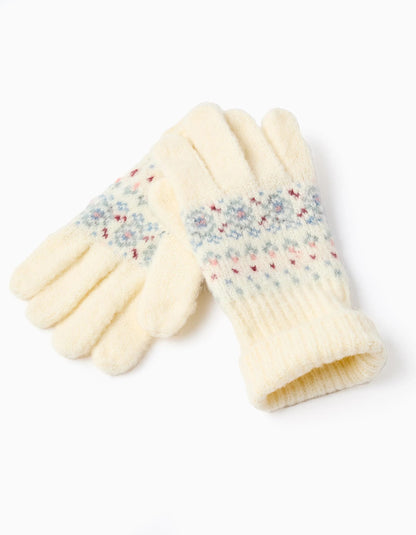 Knitted Beanie + Gloves with Jacquard for Girls, White