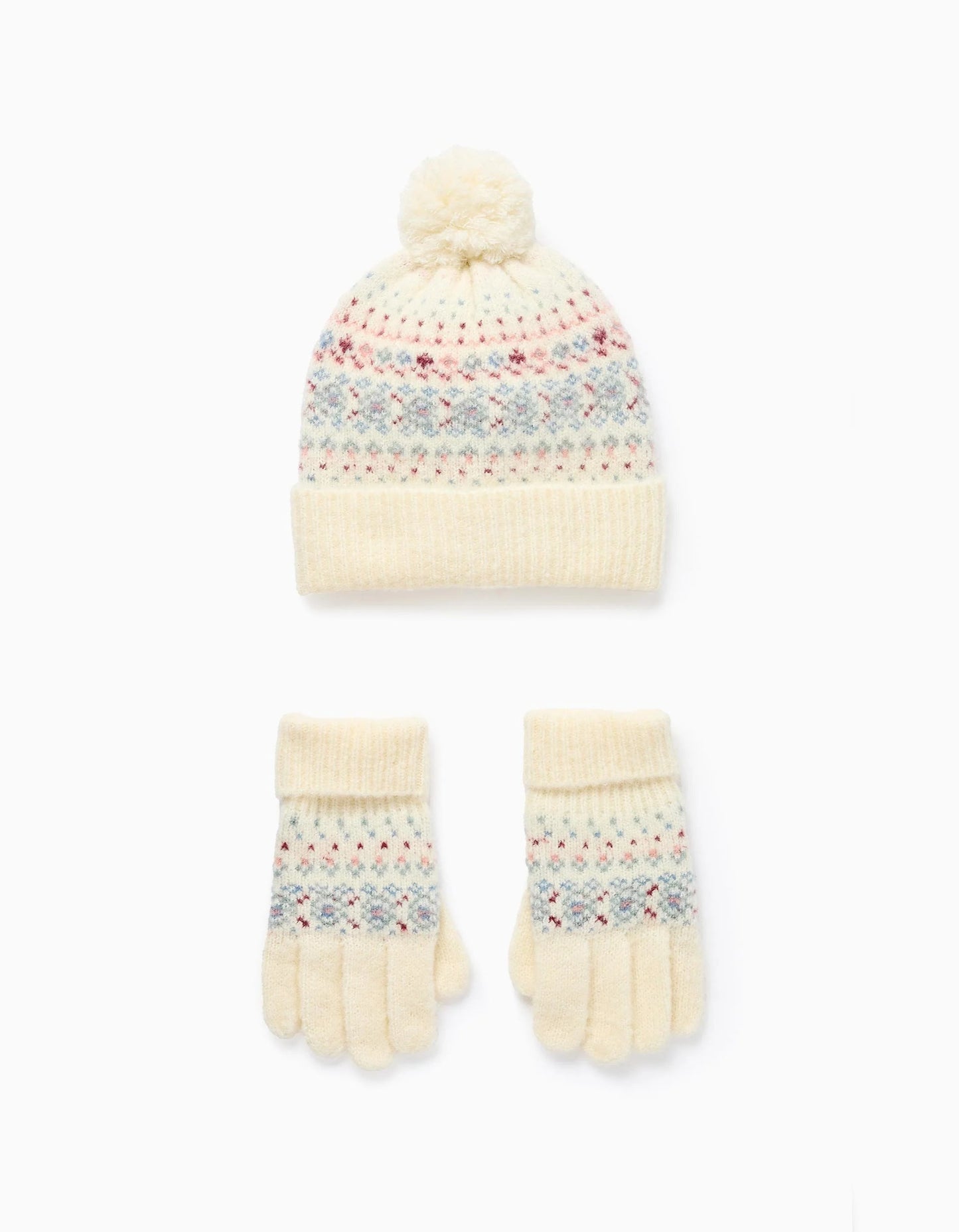 Knitted Beanie + Gloves with Jacquard for Girls, White