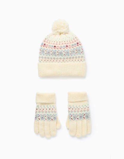 Knitted Beanie + Gloves with Jacquard for Girls, White