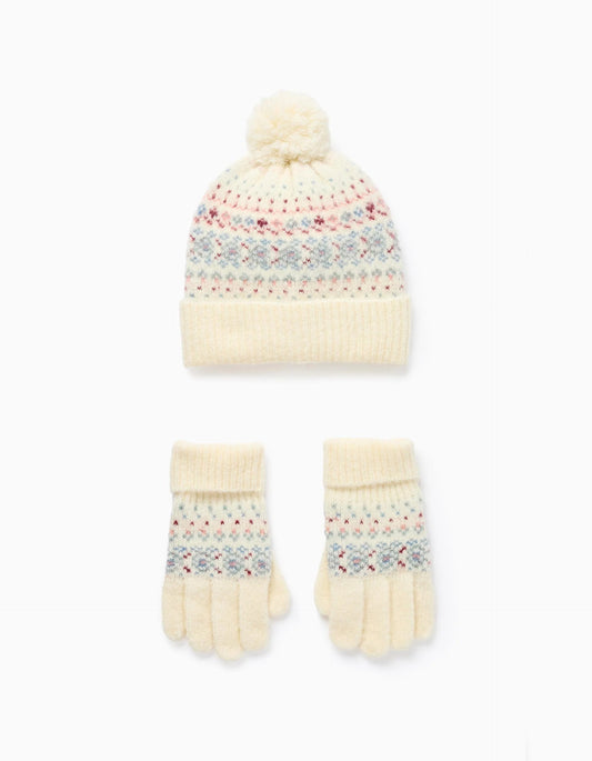 Knitted Beanie + Gloves with Jacquard for Girls, White