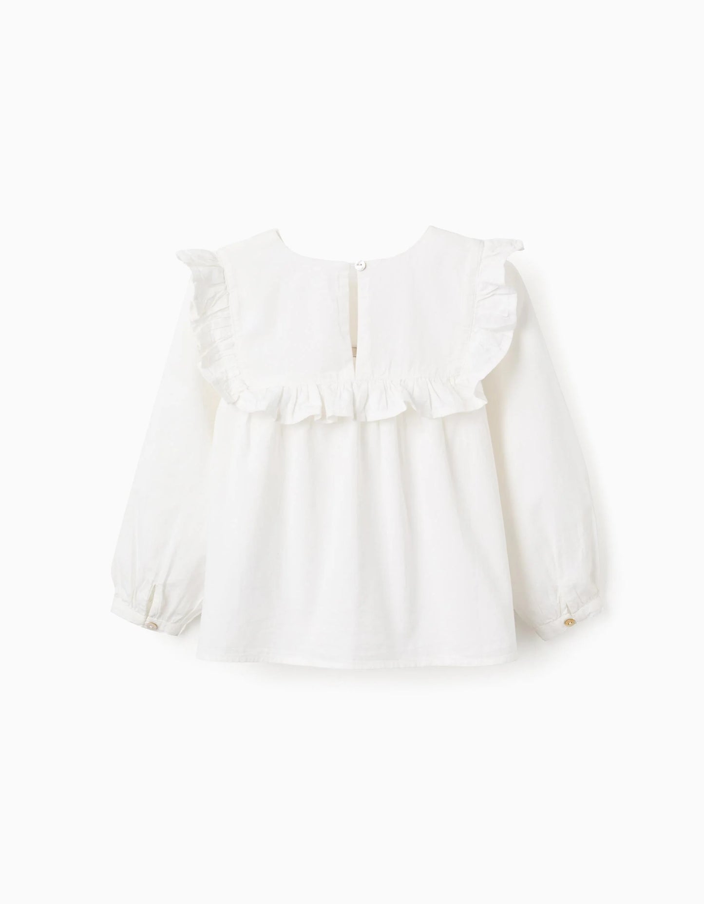 Cotton Blouse with Ruffles and Embroidery for Girls, White