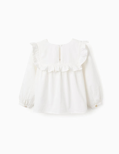 Cotton Blouse with Ruffles and Embroidery for Girls, White