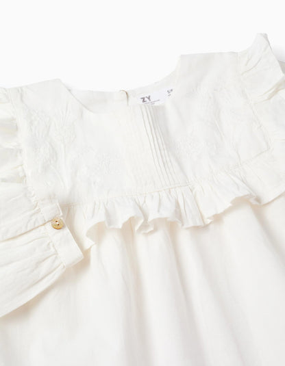 Cotton Blouse with Ruffles and Embroidery for Girls, White