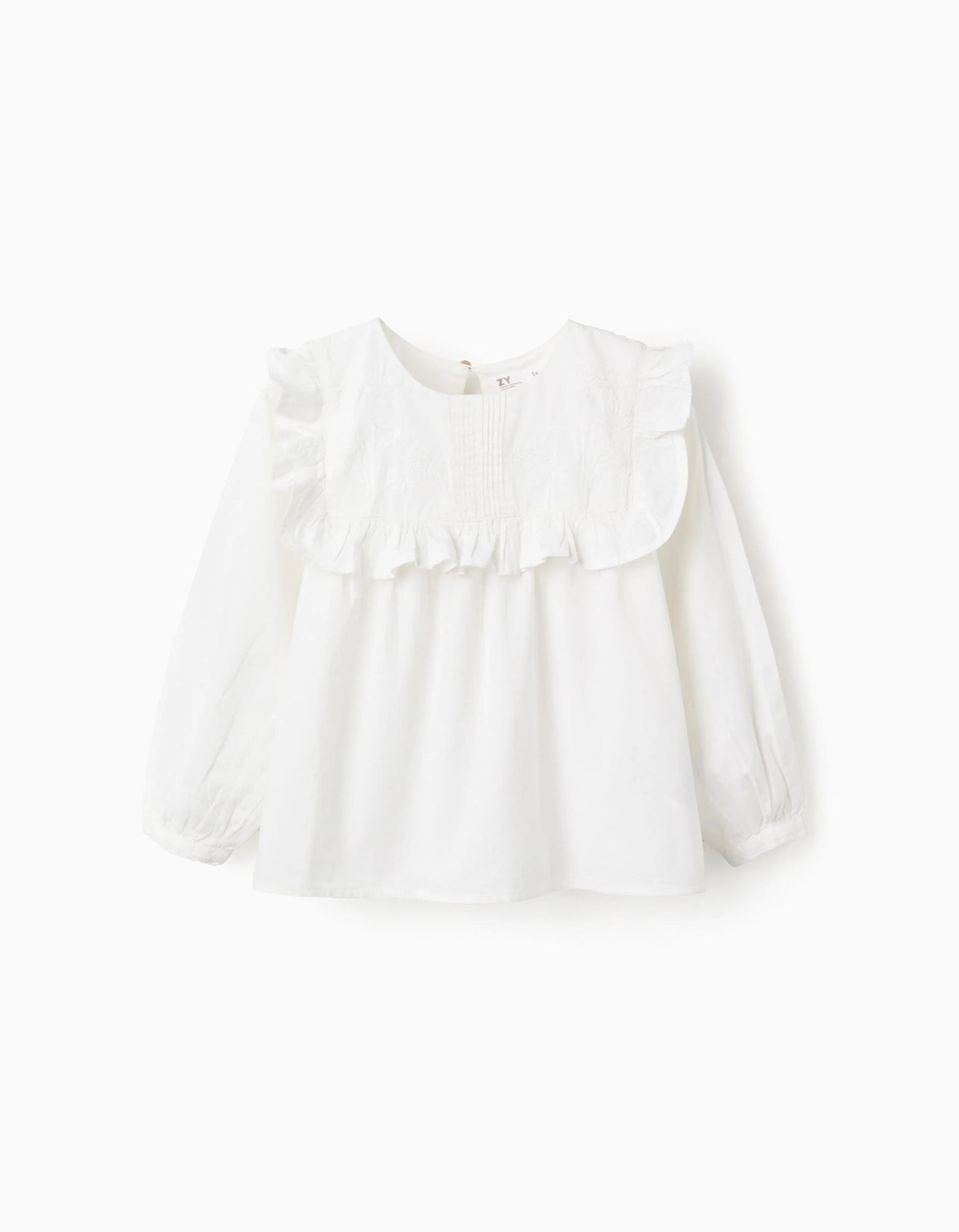 Cotton Blouse with Ruffles and Embroidery for Girls, White