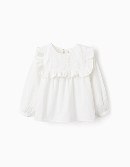 Cotton Blouse with Ruffles and Embroidery for Girls, White