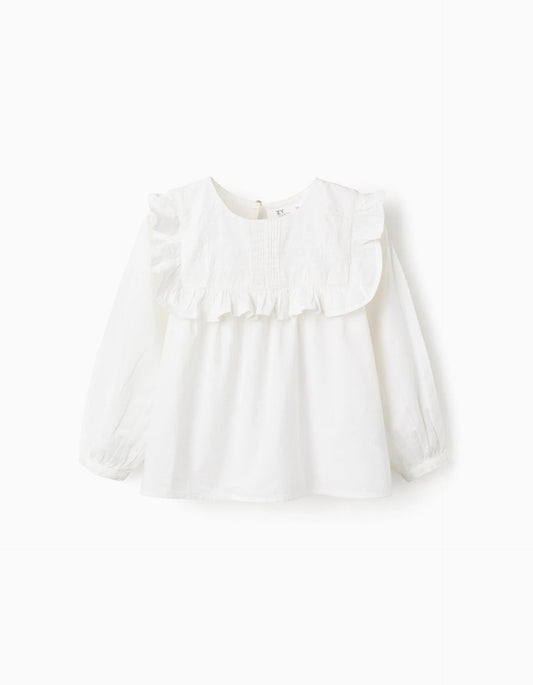 Cotton Blouse with Ruffles and Embroidery for Girls, White