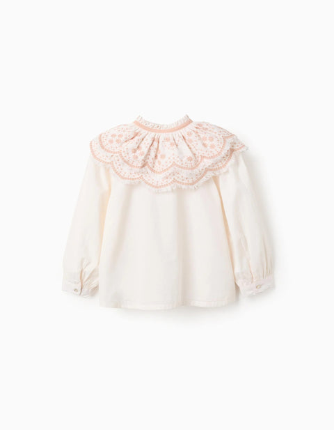 Poplin Blouse with Embroidered Details for Girls, White/Pink