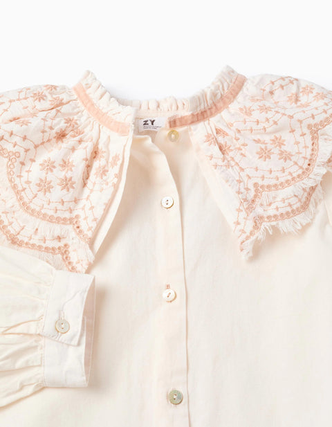 Poplin Blouse with Embroidered Details for Girls, White/Pink